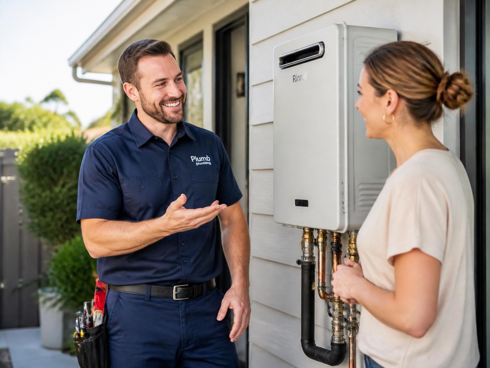 Hobart hot water plumber talking with a homeowner beside a newly installed continuous flow unit